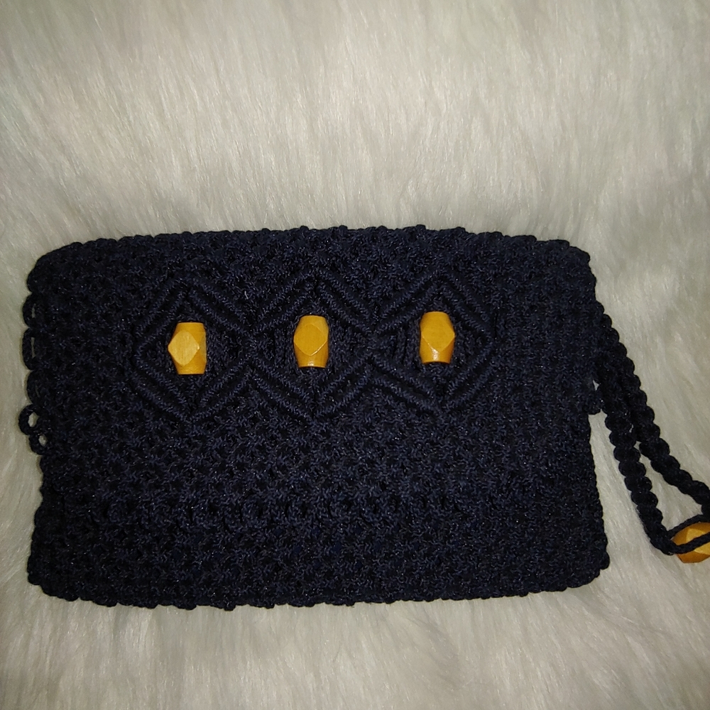 Vtg. Blue Macrame Clutch Bag